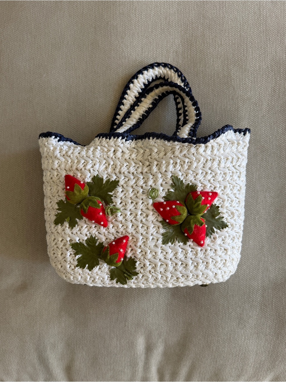 White Woven Straw Tote with Red Strawberry Appliqués